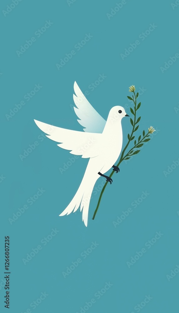 Fototapeta premium White Dove Carrying Olive Branch, Minimalist Illustration