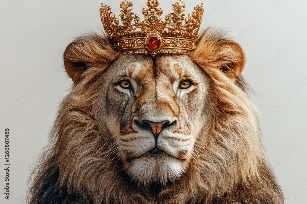 The golden lion, adorned with an ornate crown, embodies majesty and power. Set against a neutral backdrop, its regal presence captivates attention The golden lion, adorned with an ornate crown, embodies majesty and power. Set against a neutral backdrop, its regal presence captivates attention