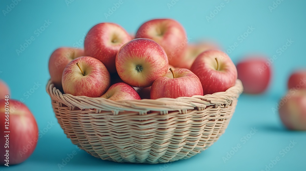 A modern kitchen-inspired setup featuring a wicker basket full of apples on an isolated blue background, emphasizing freshness and meal preparation A modern kitchen-inspired setup featuring a wicker basket full of apples on an isolated blue background, emphasizing freshness and meal preparation