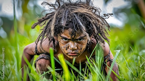 A young boy with dreadlocks and a face covered in dirt and mud