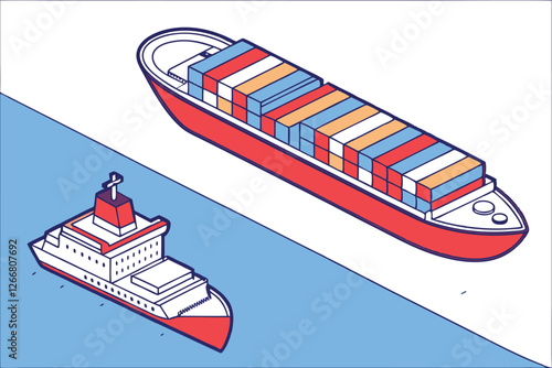  Container ship, colorful cargo containers, ocean liner, maritime transport, flat design, vibrant colors, side view, clean lines, minimalist illustration, digital art, blue water, red hull, white su