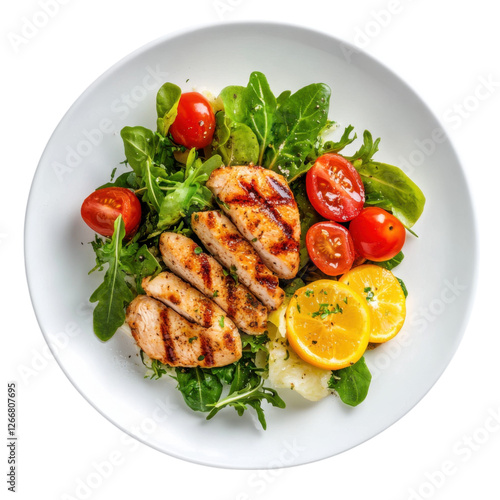 Chicken caesar salad on white plate top view isolated  background