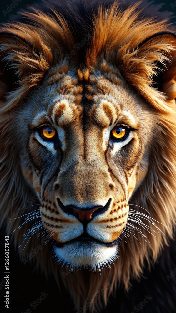 Naklejka premium Lion eyes background, wild animal face in night, eyeballs in dark. Lion eyes look in macro closeup, evil eye