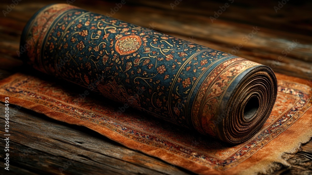 Rolled-up antique carpet on rustic wooden surface. Intricate patterned design. Rolled-up antique carpet on rustic wooden surface. Intricate patterned design.