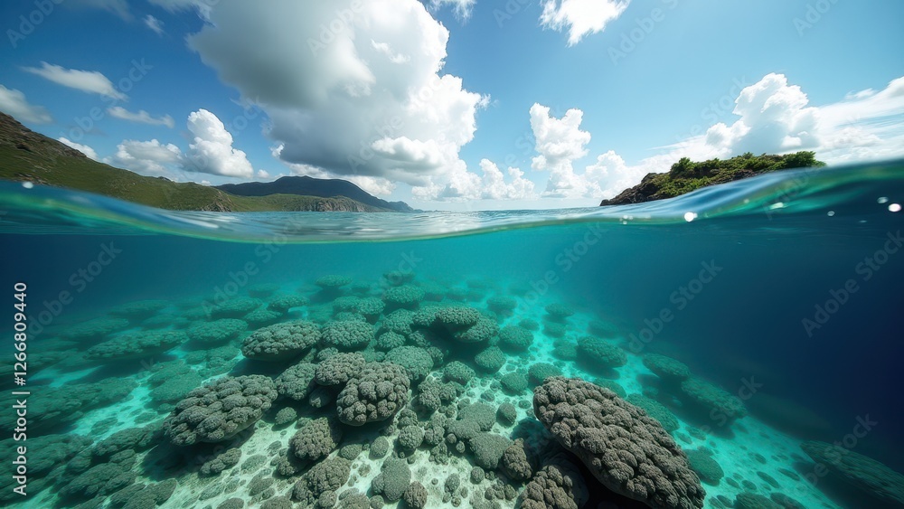 Split view of a bleached coral reef underwater and a cloudy sky above Split view of a bleached coral reef underwater and a cloudy sky above