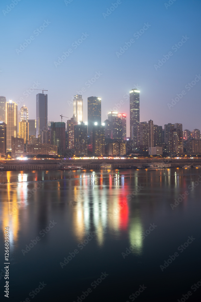 Stunning Urban Cityscape at Dusk with Reflections on Water Stunning Urban Cityscape at Dusk with Reflections on Water