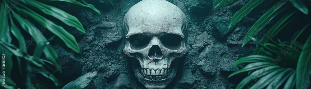 Mysterious Skull Surrounded by Lush Greenery and Textured Stone Wall in Dark Environment Mysterious Skull Surrounded by Lush Greenery and Textured Stone Wall in Dark Environment