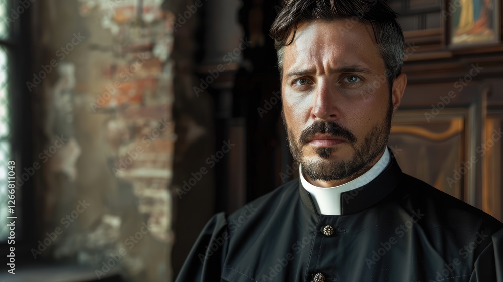 Serious man dressed in a black clerical robe stands in an old, rustic church with wooden interiors and soft lighting Serious man dressed in a black clerical robe stands in an old, rustic church with wooden interiors and soft lighting