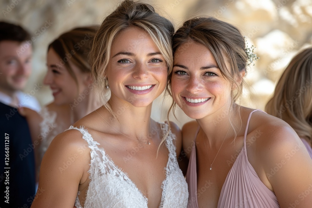 Wedding ceremony, young women bride and bridesmaids smile and look at camera. happy ladies at wedding celebration. bride in a white dress, scene is cheerful and festive. Wedding ceremony, young women bride and bridesmaids smile and look at camera. happy ladies at wedding celebration. bride in a white dress, scene is cheerful and festive.