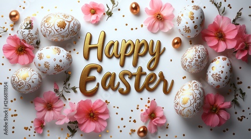 Gold glitter happy easter text surrounded by white painted easter eggs, pink flowers, and golden glitter on a white background photo