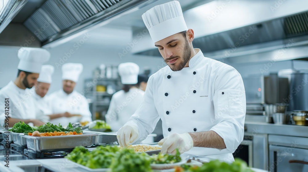 Chefs work in a bustling kitchen preparing gourmet dishes during a culinary training session in a modern restaurant