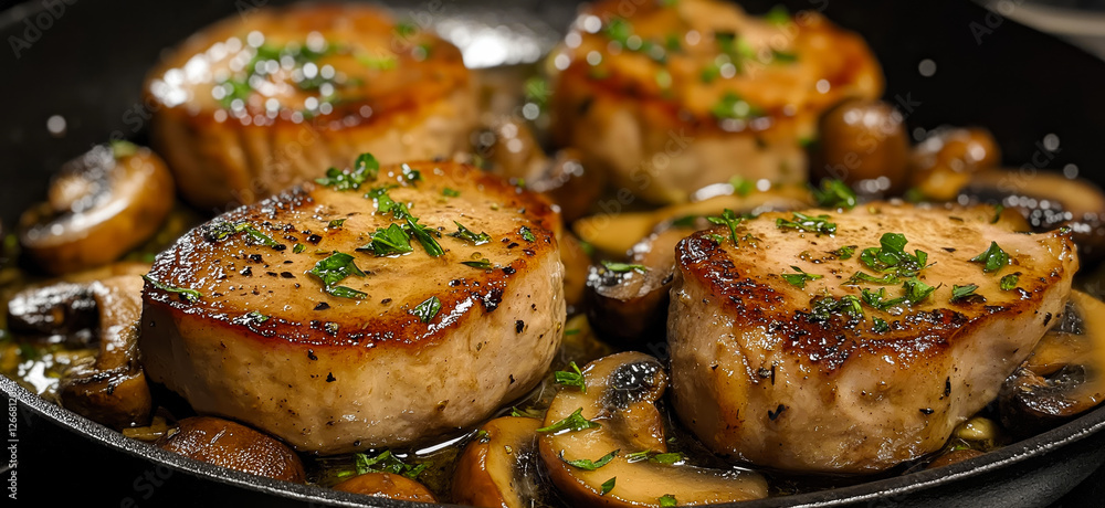 Delicious pan-seared pork chops are garnished with mushrooms and thyme, creating a mouthwatering culinary experience Delicious pan-seared pork chops are garnished with mushrooms and thyme, creating a mouthwatering culinary experience
