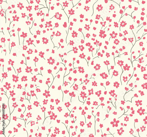A cute, pastel pink and white, tiny floral pattern on a cream background. 