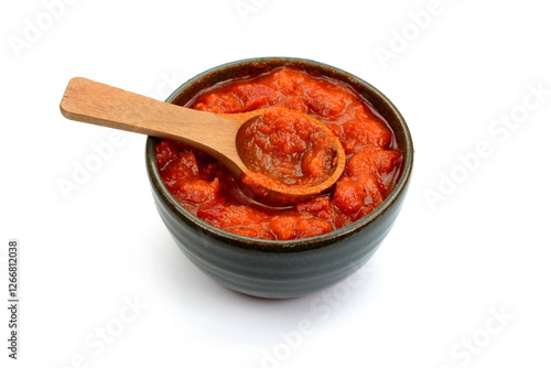 Ajvar isolated on white- traditional macedonian serbian dish made from red bell peppers, eggplant and garlic, lutenitza, popular in Balkans. Homemade tomato sauce for pasta.
 photo