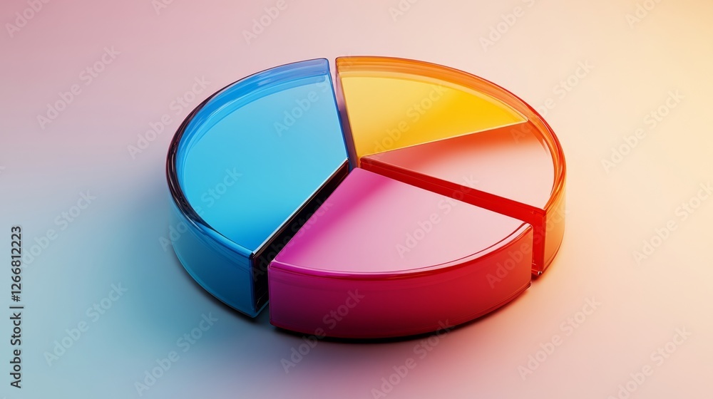 Fototapeta premium A vibrant D pie chart with polished, reflective surfaces, featuring distinct sections in rich colors, isolated on a neutral-colored background