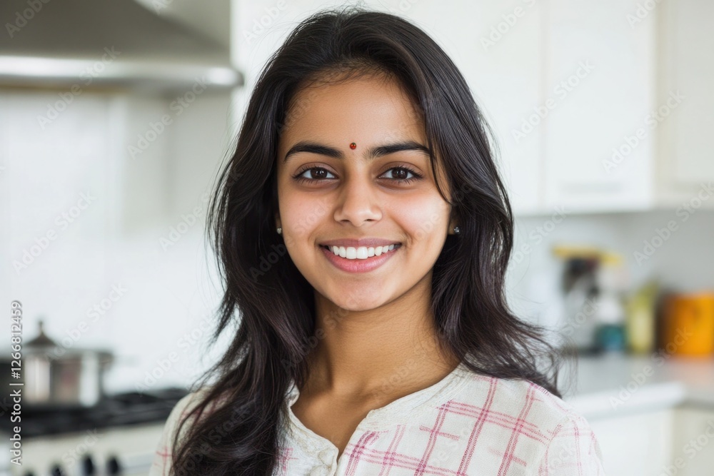 A young woman stands in a kitchen with appliances and utensils, ready for cooking or baking A young woman stands in a kitchen with appliances and utensils, ready for cooking or baking