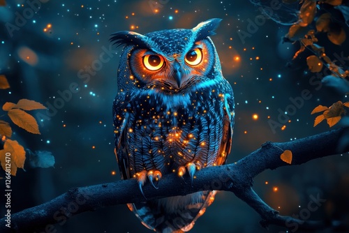 An owl with vibrant orange and blue glowing eyes sits on a branch, surrounded by twinkling lights and deep shadows in a magical night photo