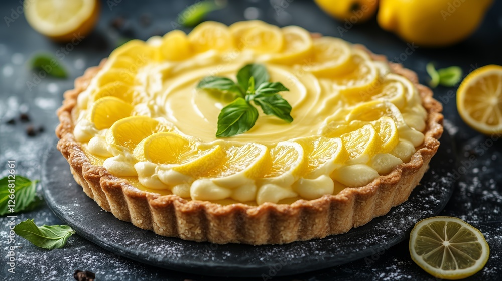 A vibrant lemon tart topped with fresh lemon slices and basil, set on a rustic background, perfect for dessert inspiration. A vibrant lemon tart topped with fresh lemon slices and basil, set on a rustic background, perfect for dessert inspiration.