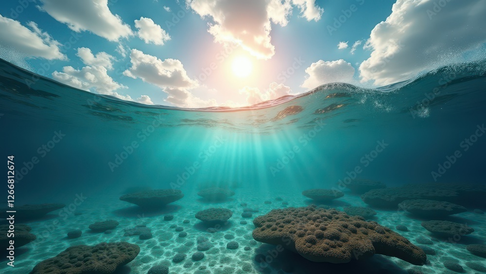 Sunlight shining through clear ocean water over a bleached coral reef Sunlight shining through clear ocean water over a bleached coral reef