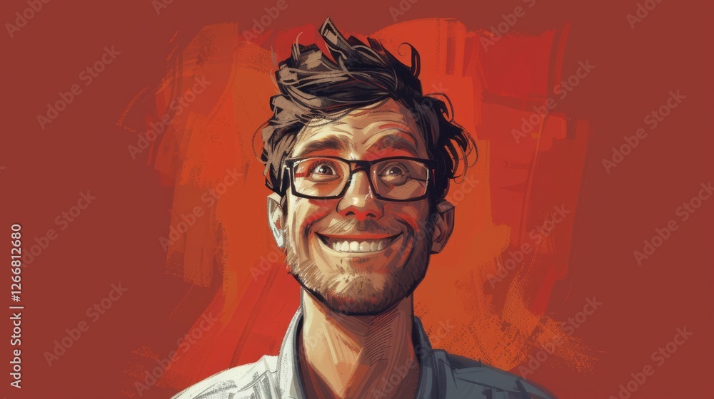 A cheerful young man with glasses smiles broadly against a vibrant red background, conveying joy and positivity A cheerful young man with glasses smiles broadly against a vibrant red background, conveying joy and positivity