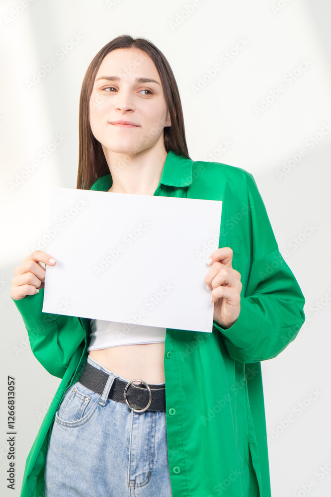 Pretty young brunette in green shirt standing with a A4 empty paper sheet on a white background. Copyspace Pretty young brunette in green shirt standing with a A4 empty paper sheet on a white background. Copyspace