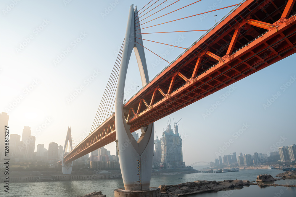 Modern Urban Bridge Against a Sunrise Skyline with River Reflection Modern Urban Bridge Against a Sunrise Skyline with River Reflection