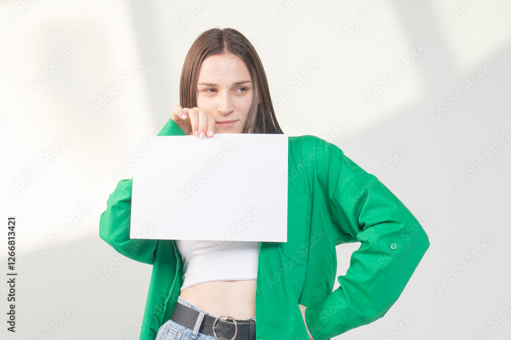 Pretty young brunette in green shirt standing with a A4 empty paper sheet on a white background. Copyspace Pretty young brunette in green shirt standing with a A4 empty paper sheet on a white background. Copyspace