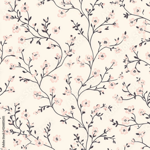 flat illustration, textile design, small repeating floral orleans toile pattern in light pink, cream color background 
