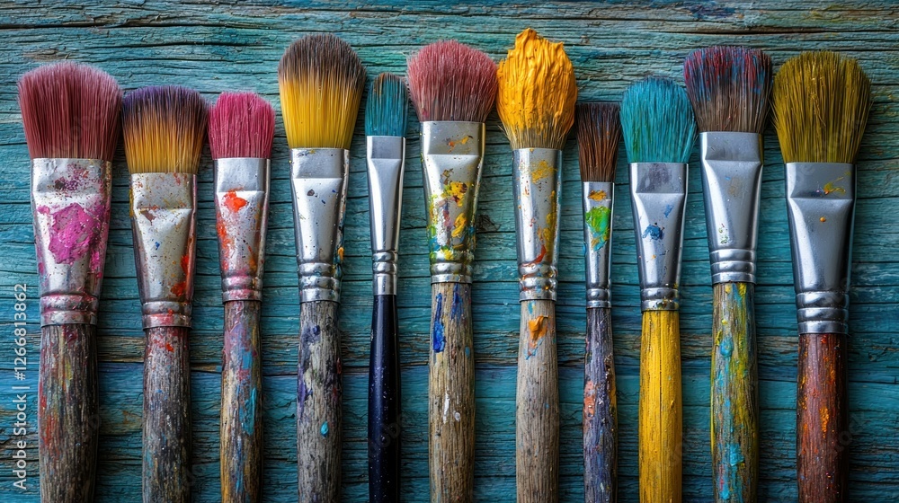 Fototapeta premium Colorful paintbrushes on rustic wood; art supplies background