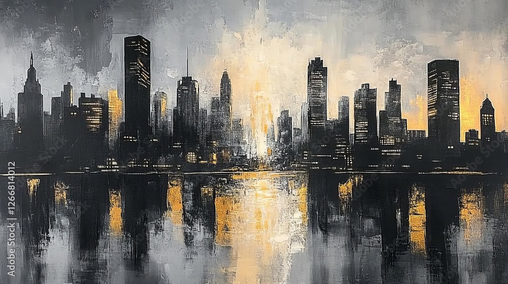 Fototapeta premium Abstract cityscape painting with a monochrome palette of black, white, and grey, accented with gold, blending modern architecture in minimalist, artistic expression, evoking a timeless urban aesthetic