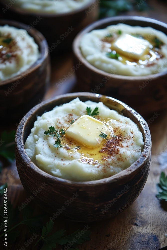A plate of creamy mashed potatoes topped with melted butter and chopped parsley A plate of creamy mashed potatoes topped with melted butter and chopped parsley