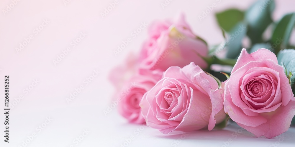 Fototapeta premium Delicate Pink Roses with Dew Drops on Soft Background for Romantic and Floral Arrangements