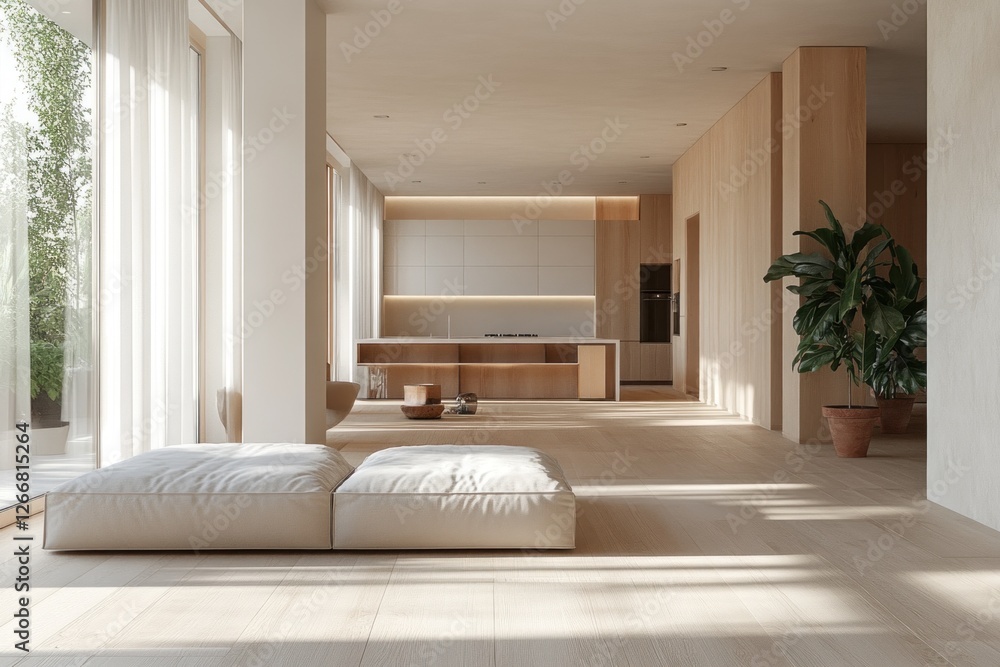 Bright living room showcases a blend of minimalist design and natural elements, creating a serene atmosphere for relaxation and socializing Bright living room showcases a blend of minimalist design and natural elements, creating a serene atmosphere for relaxation and socializing