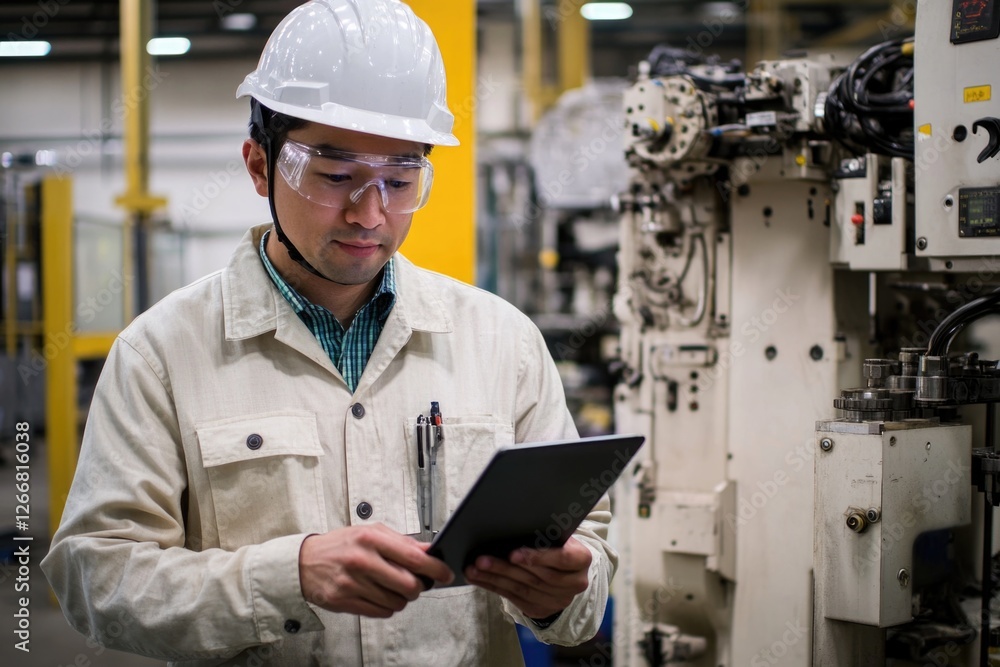 Worker uses tablet on construction site or in industrial setting Worker uses tablet on construction site or in industrial setting