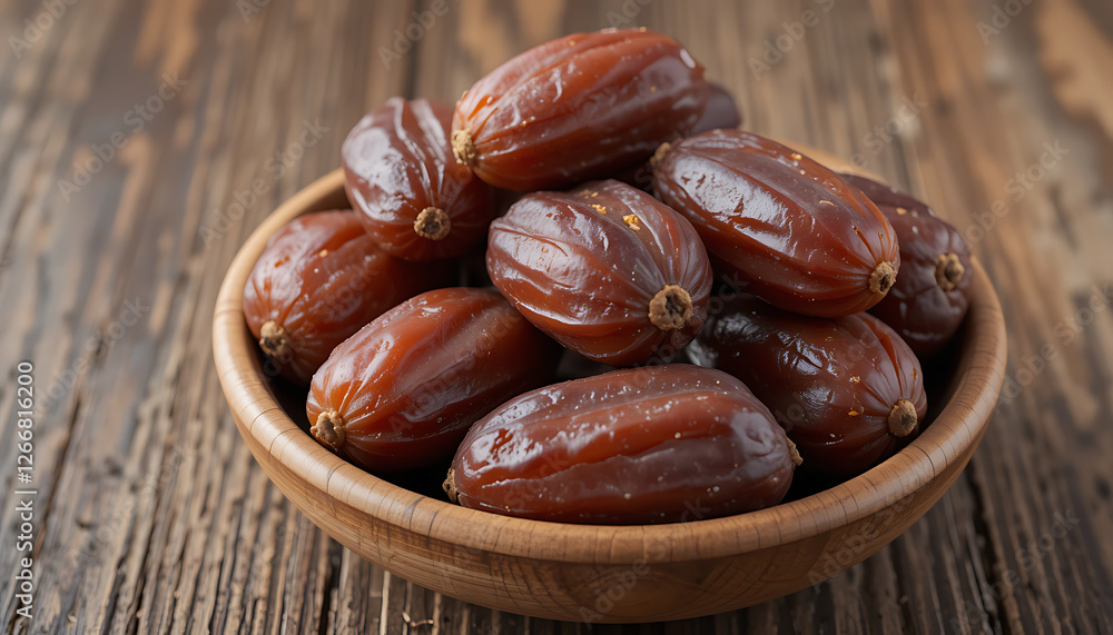 Plump and Juicy Medjool Dates in Wooden Bowl on Rustic Table – Healthy Natural Snack Plump and Juicy Medjool Dates in Wooden Bowl on Rustic Table – Healthy Natural Snack