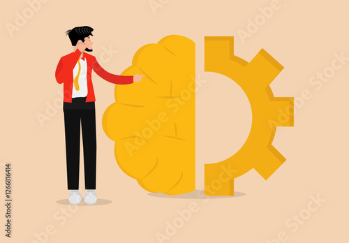 Brainstorm: A young man in a red suit stands holding a brain and gears to solve problems with ideas.
