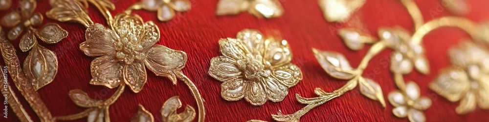 Obraz premium A close-up shot of a red cloth adorned with golden flowers