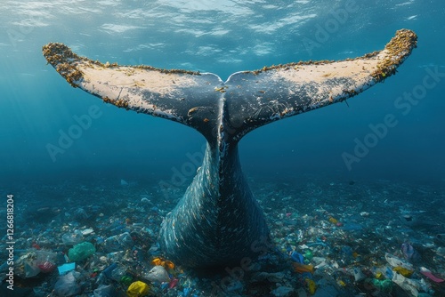 A whale's tail, heavily coated with plastic waste, emphasizes the severe impact of pollution on marine life in ocean waters photo