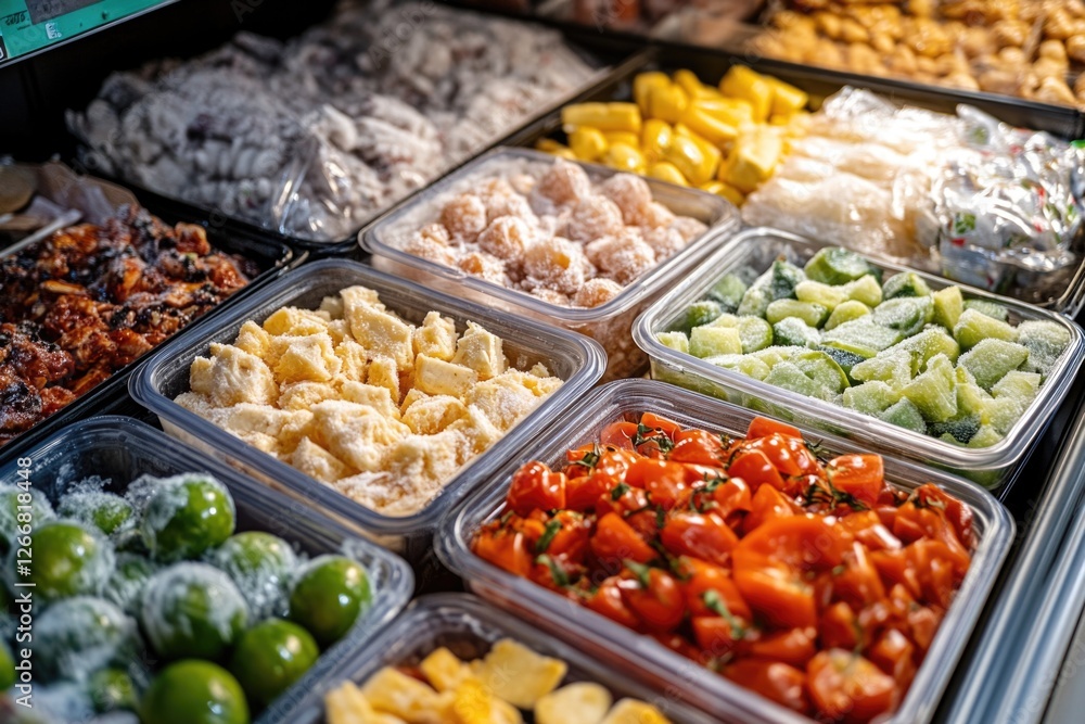 A colorful display case filled with various foods A colorful display case filled with various foods