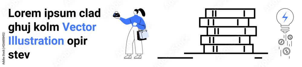 Woman carrying coffee and briefcase beside stacked books and lightbulb icon symbolizing ideas and learning. Ideal for education, knowledge, creativity, innovation, work-life balance, personal growth Woman carrying coffee and briefcase beside stacked books and lightbulb icon symbolizing ideas and learning. Ideal for education, knowledge, creativity, innovation, work-life balance, personal growth