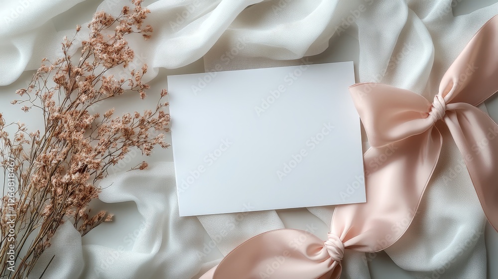 Minimalist style paper template, soft gray background, left side decorative hay flower, elegant pink bow hanging on the edge, perfect for brand promotion, product display, and elegant design template. Minimalist style paper template, soft gray background, left side decorative hay flower, elegant pink bow hanging on the edge, perfect for brand promotion, product display, and elegant design template.