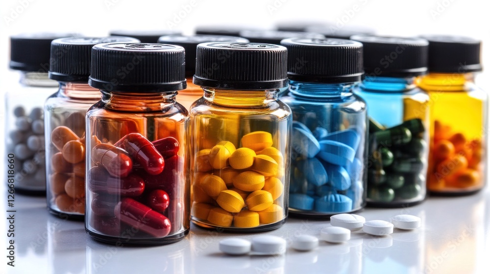 Various bottles filled with colorful vitamins and supplements are neatly arranged, showcasing a diverse selection of capsules and tablets for health