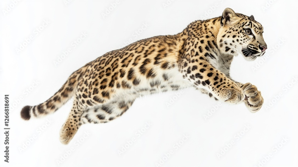 A leopard jumps and plays in the snow-covered terrain A leopard jumps and plays in the snow-covered terrain