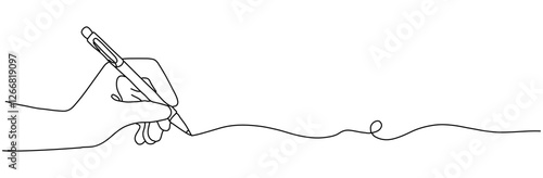 A hand holding a pen and drawing a solid line. A letter or diary concept written in a simple linear style. Symbols of school lessons with editable strokes. A hand-drawn doodle drawing.