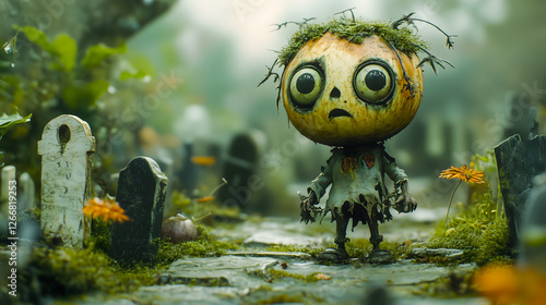 Creepy Pumpkin Head Character in Haunted Graveyard