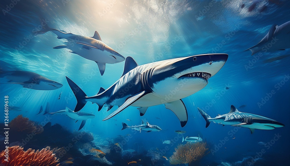 Fototapeta premium Shark fishes in the clear ocean 