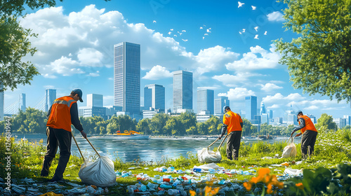 Urban Cleanup Effort by the River with Skyscrapers in the Background