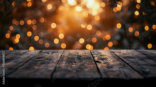 Wooden Table with Bokeh Lights Background