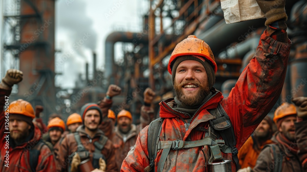 Group of joyful industrial workers celebrating at a construction site, with pipes and machinery in background Group of joyful industrial workers celebrating at a construction site, with pipes and machinery in background