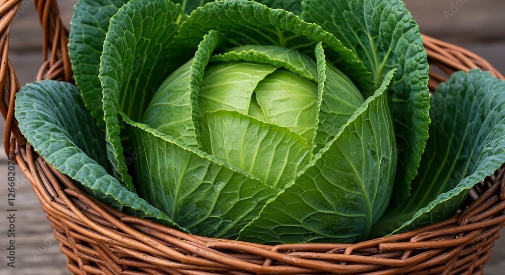Fototapeta premium A large, round green cabbage with tightly packed leaves, sitting in a wicker basket.